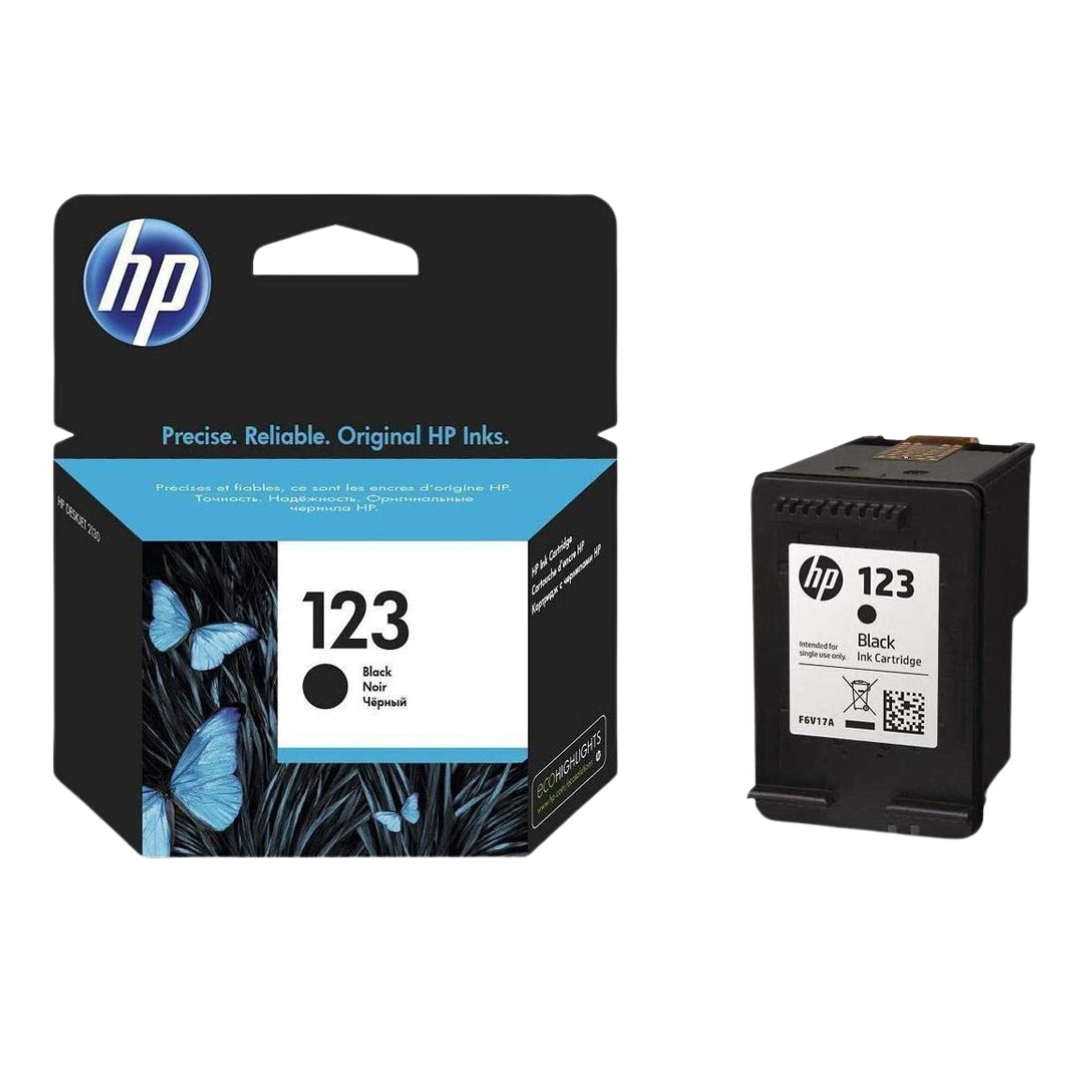 HP 123 black ink cartridge and its packaging, showcasing the cartridge and the box with blue butterflies and HP branding.
