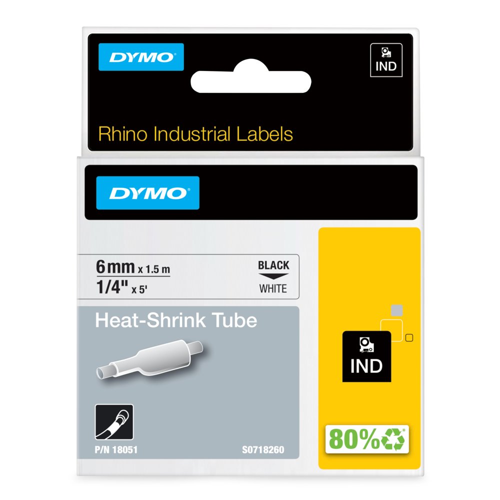 Dymo Rhino 6mm Heat Shrink Tube Black on White 18051 - 1/4 in x 5ft.