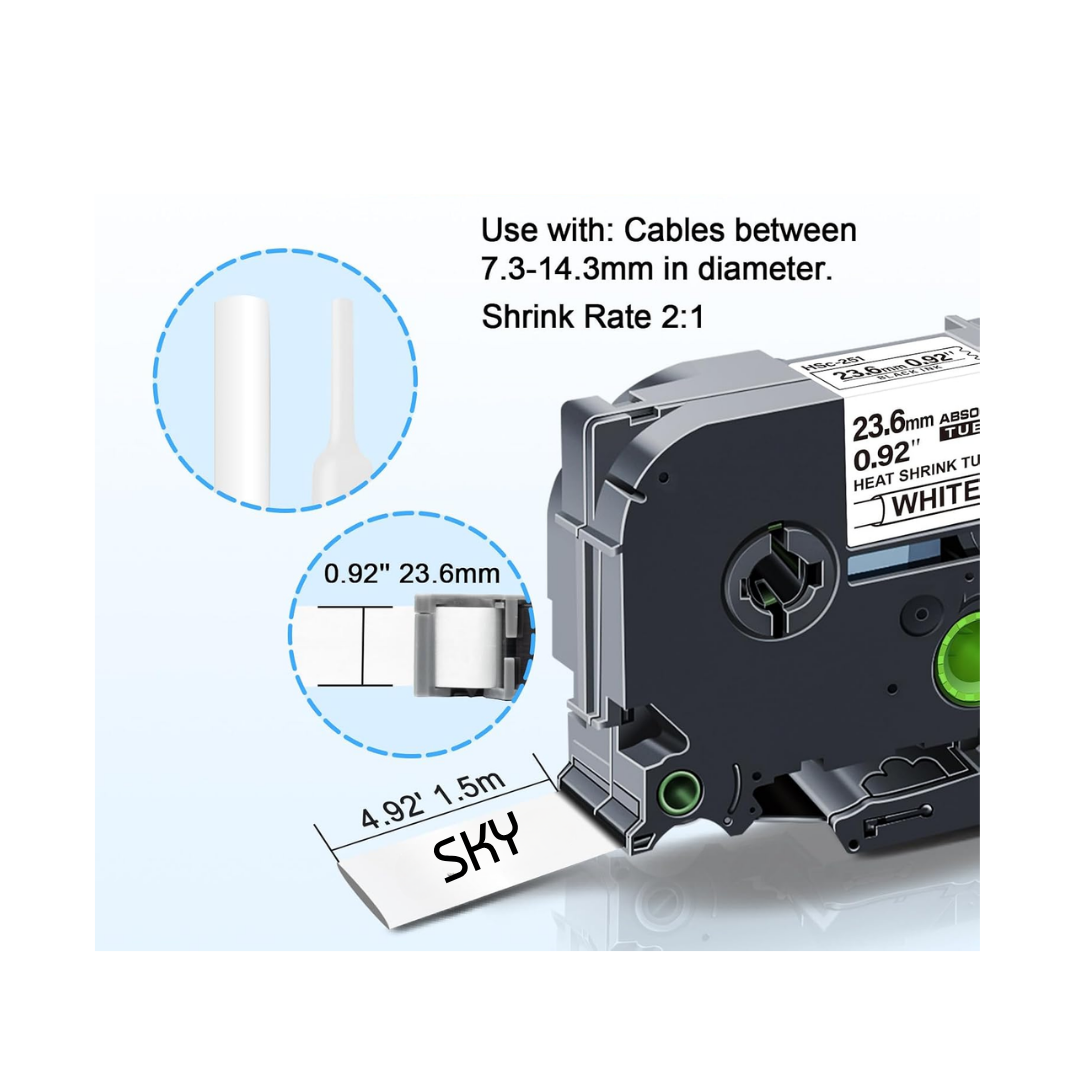 Compatible Brother HSe-251 Heat Shrink Tube 23.6mm Black on White – 1.5m for P-touch Cable Label Printers