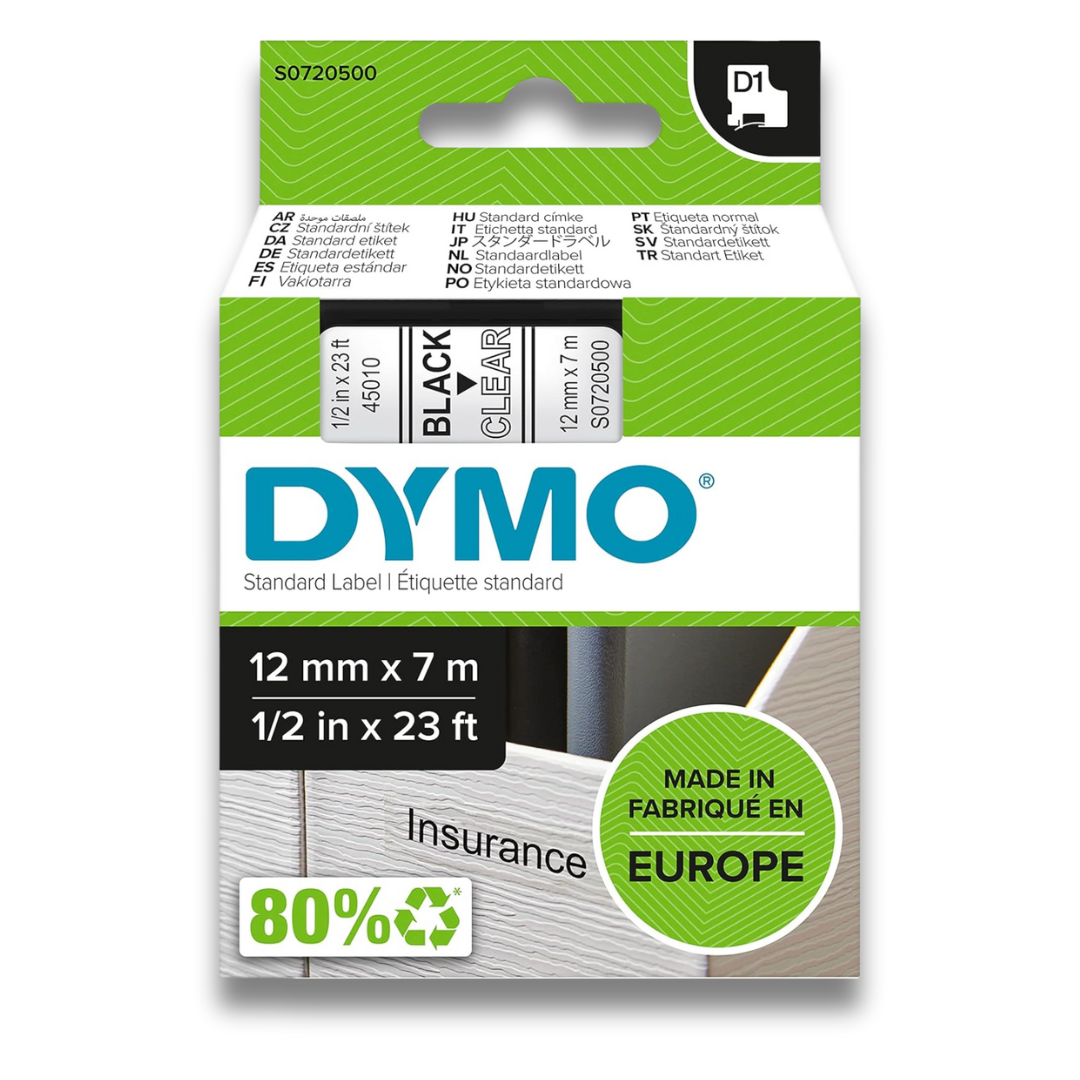 Dymo 12mm x 7 meter Black on Clear Tape Cartridge for Dymo Label Printers 45010