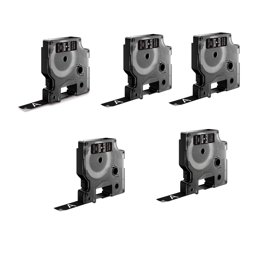 Dymo 5-Pack 45021 12mm x 7 meter White on Black Label Tape Cartridge for Dymo Label Printers