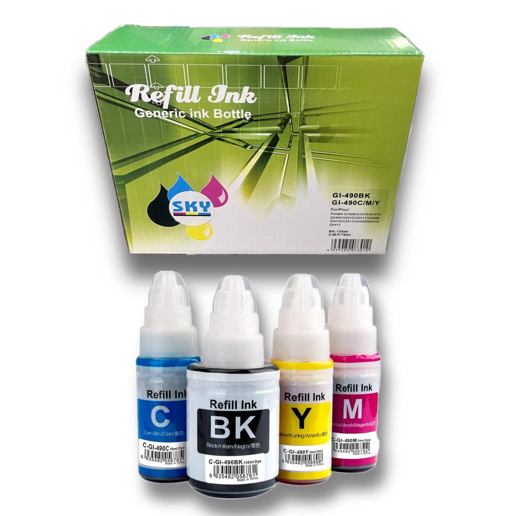 SKY 4-Color Compatible 490 Refill Ink Kit (Black 135ml, Cyan Magenta Yellow 70ml for GI2410 GI3410 GI3411 Printers