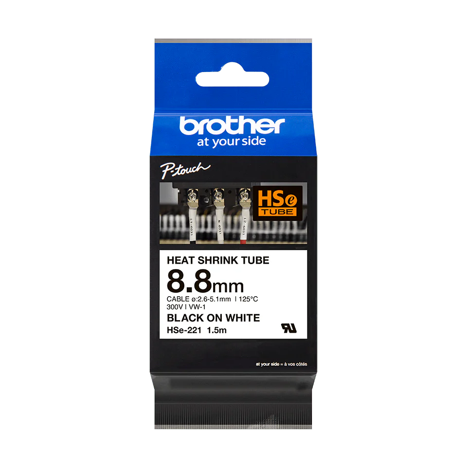 Brother 8.8MM HSe-221 Heat Shrink Tube Tape Cassette - Black on White