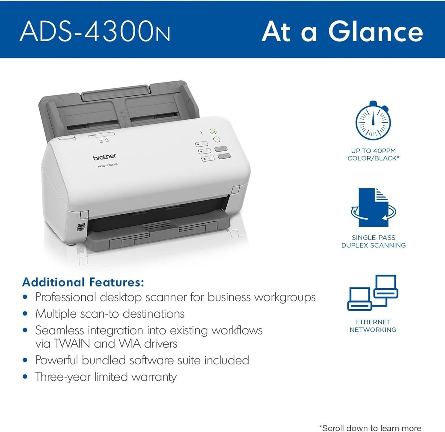Brother ADS-4300N Professional Desktop Scanner with Duplex, and Networking