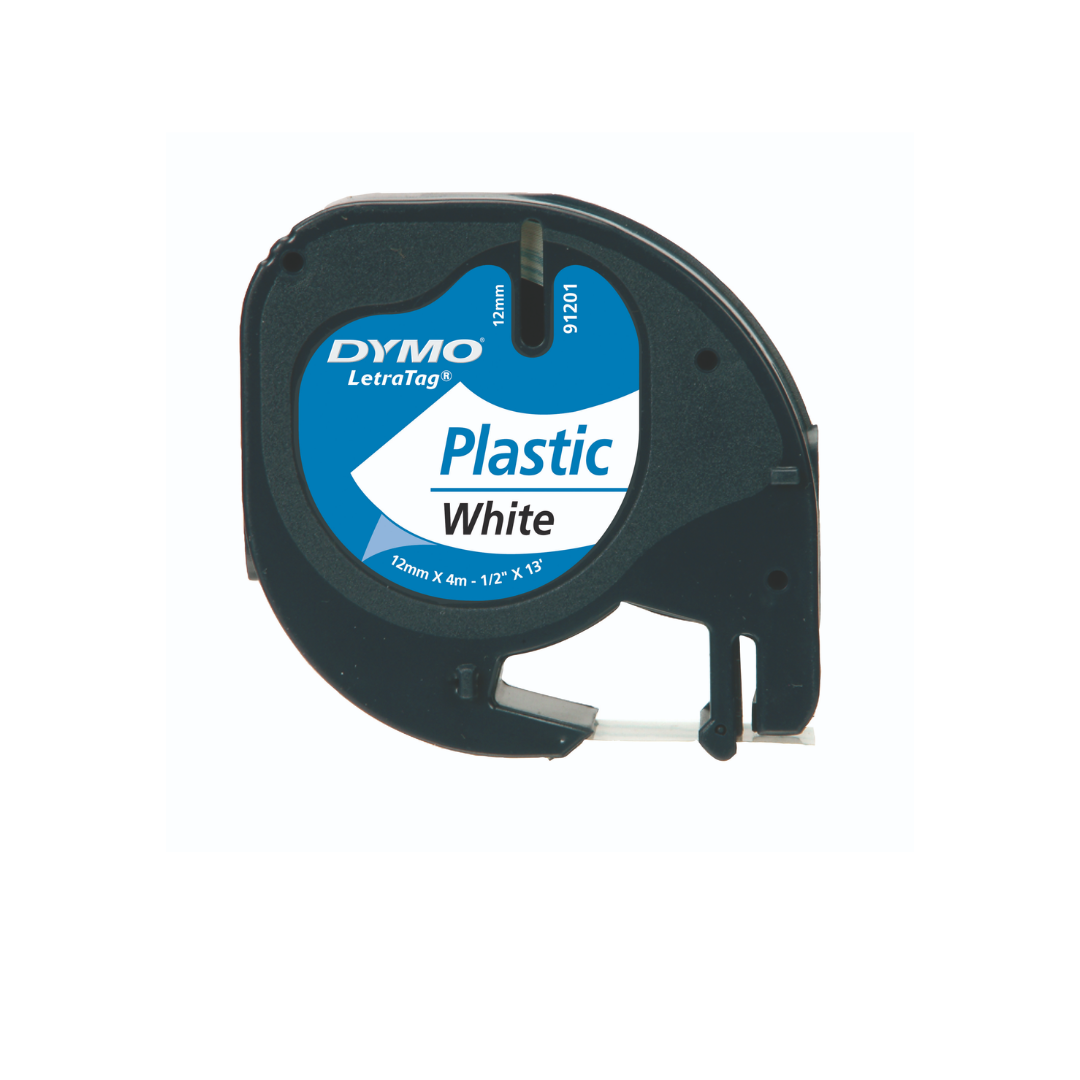 Dymo LetraTag plastic tape black on pearl white 12mm