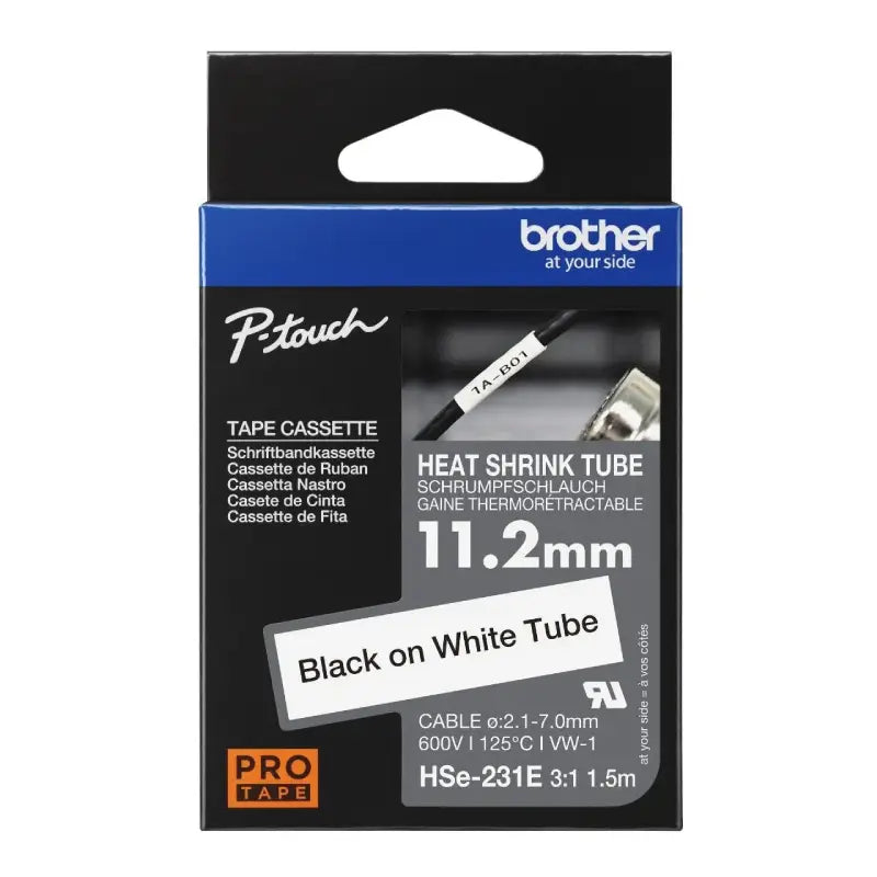 Brother HSe-231E Heat Shrink Tube Tape Cassette - Black on White, 11.2mm wide