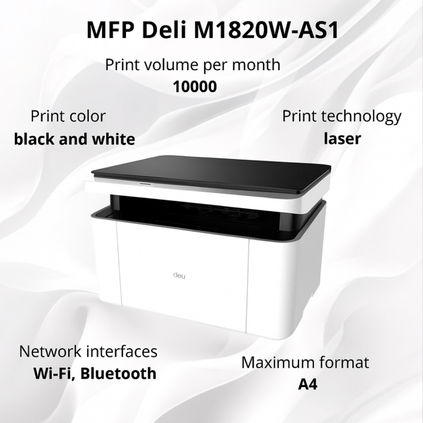 MFP Deli M1820W-AS1 printer with specifications on a white background