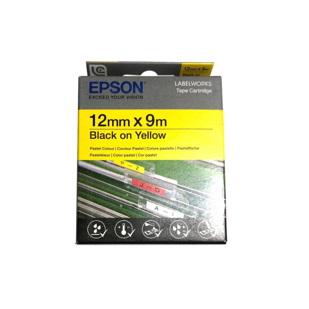 Epson 12mm x 8 meter Label Tape, Color Black on Yellow LC-4YBP