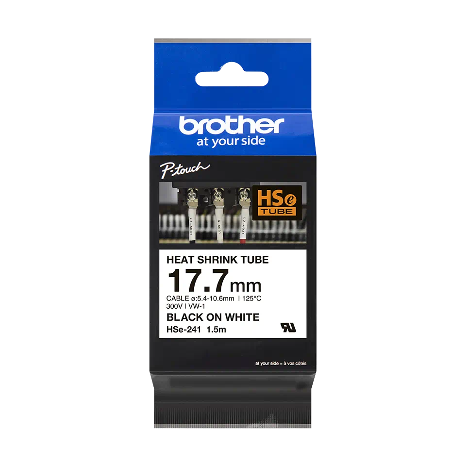 Brother HSe-241E Heat Shrink Tube Tape Cassette - Black on White, 17.7mm wide