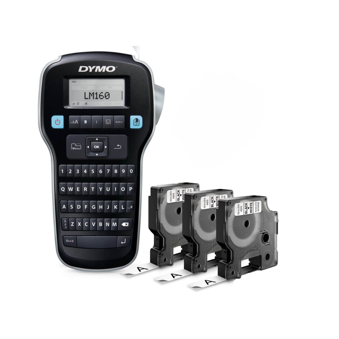 Dymo LM160 Valuepack with 3pcs 12mm Black on White Tapes