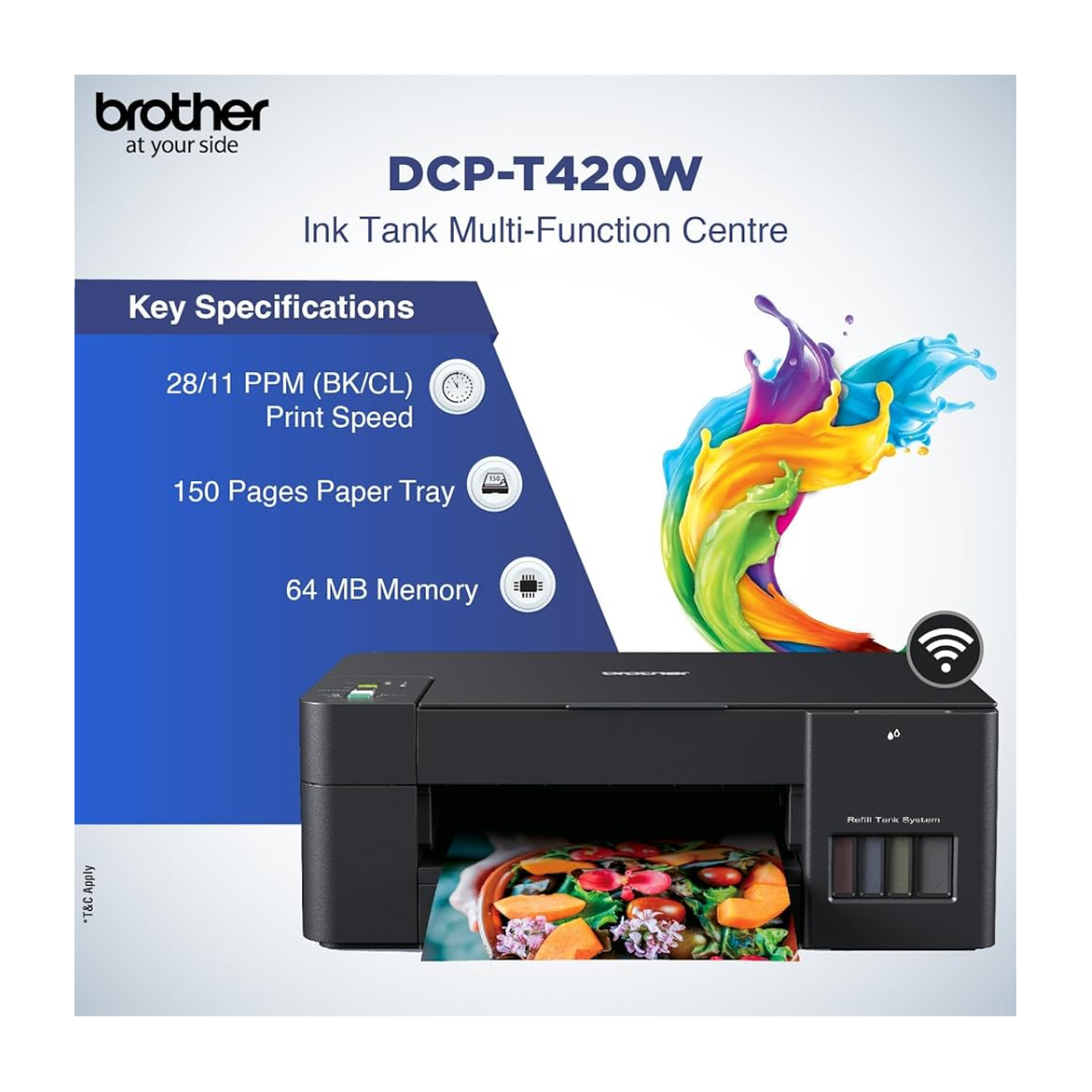 Brother DCP-T420W A4 3-in-1 Wireless Colour Inkjet Printer | Refill Ink Tank |150 Sheets Paper Tray | Scan, Copy