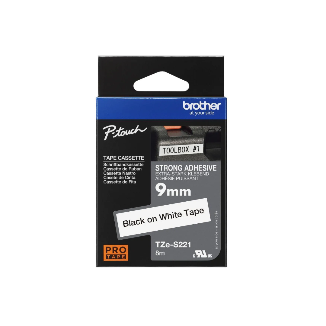 Brother TZe-S221 9mm Black on White Strong TZe tape for P-touch Label Printers