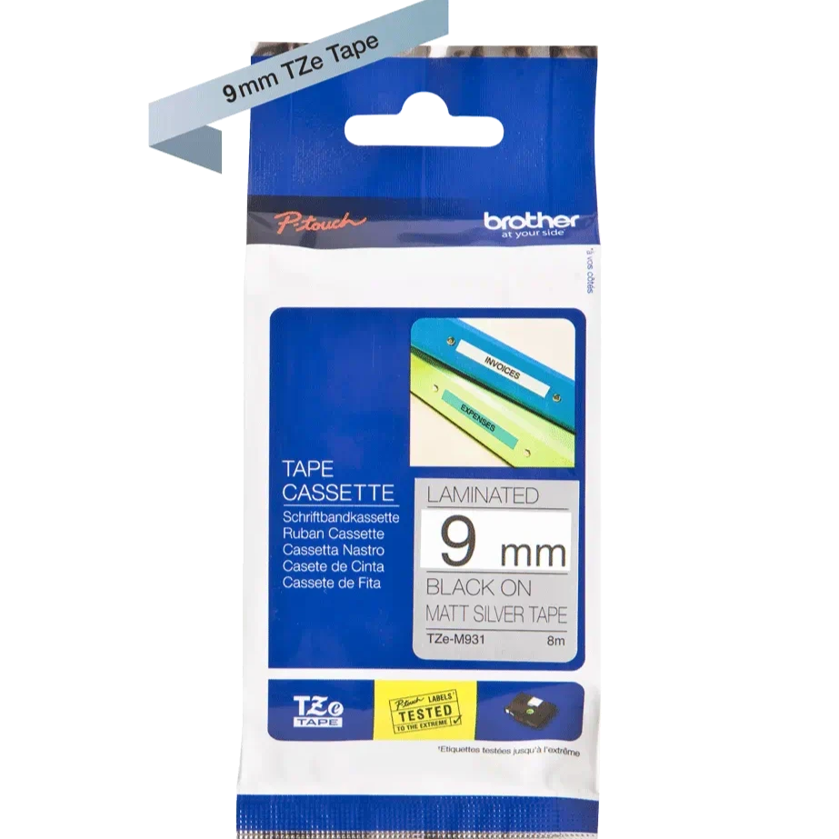 Brother TZe-M921 9mm Black on Matte Silver TZe tape for P-touch Label Printers