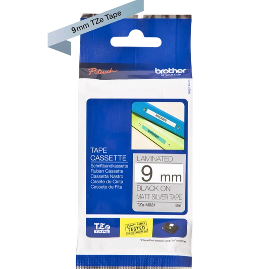 Brother TZe-M921 9mm Black on Matte Silver   TZe tape for P-touch Label Printers