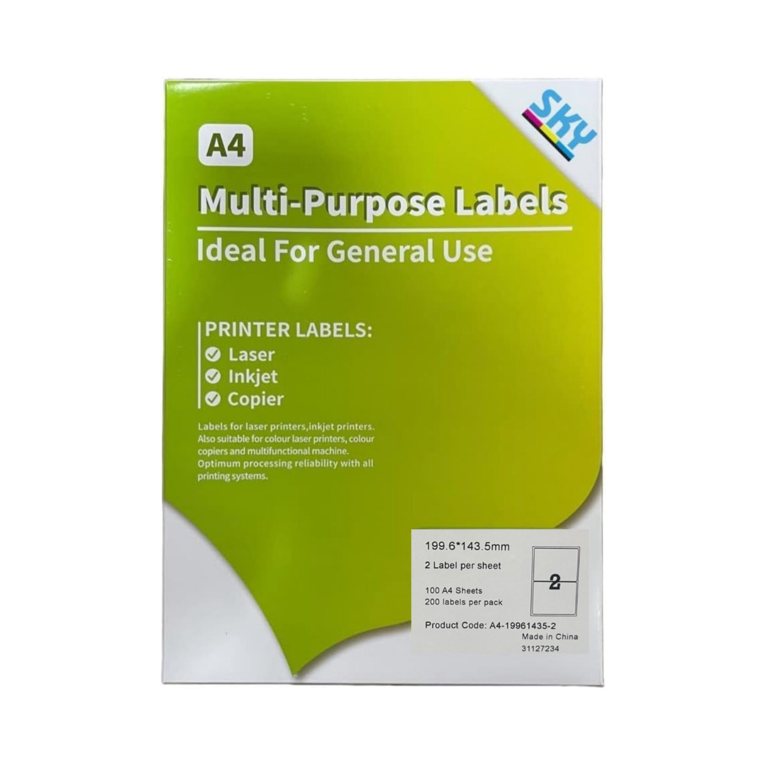 2 Labels per A4 Sticker Paper / Label Paper for Inkjet and Laserjet Printing- 100 Sheets - 200 Labels per pack