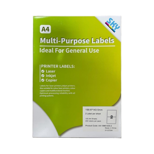 2 Labels per A4 Sticker Paper / Label Paper for Inkjet and Laserjet Printing- 100 Sheets - 200 Labels  per pack