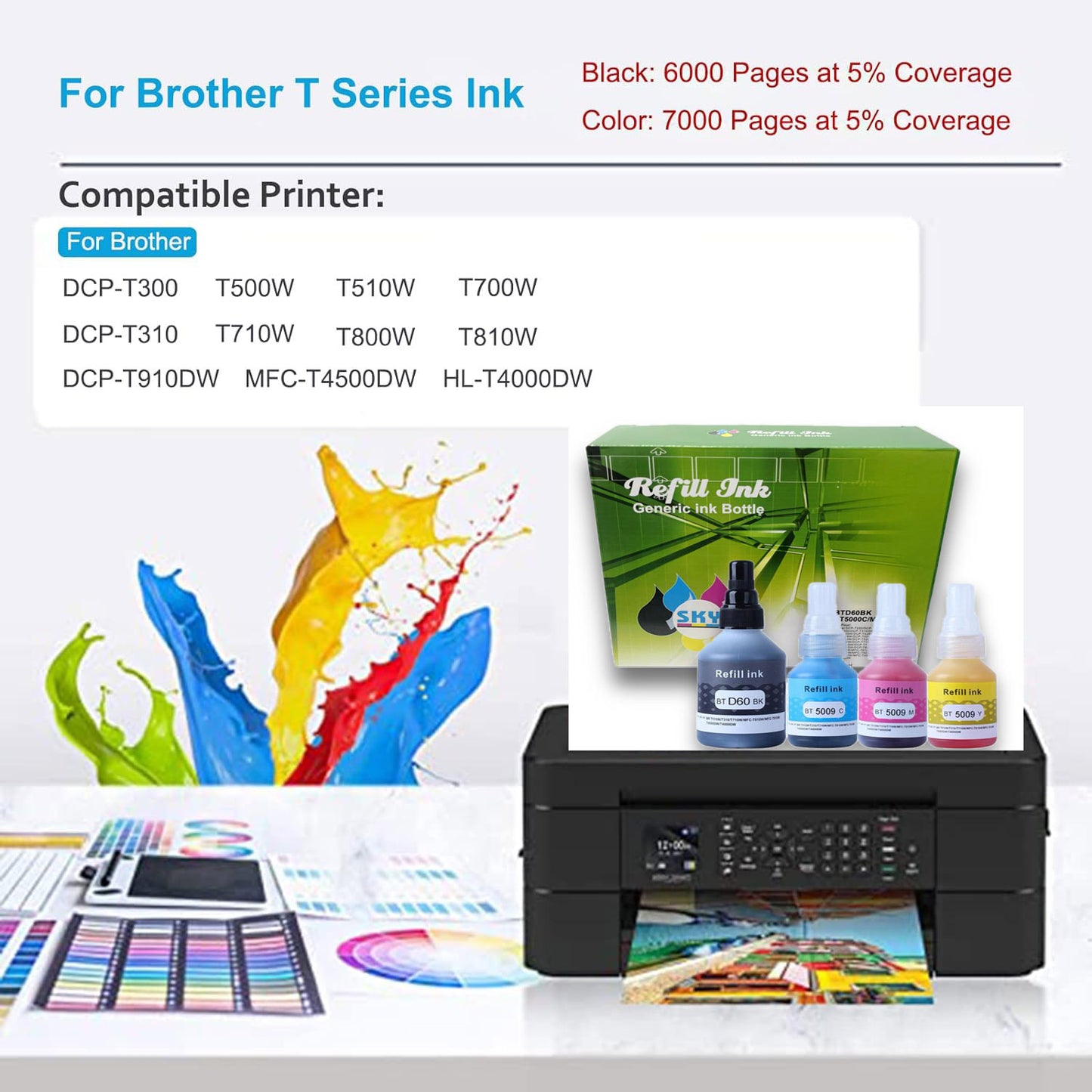 Compatible 4 Color Refill Ink set for DCP-T310, T510W, T710W MFC-T810W Ink Tank Printers