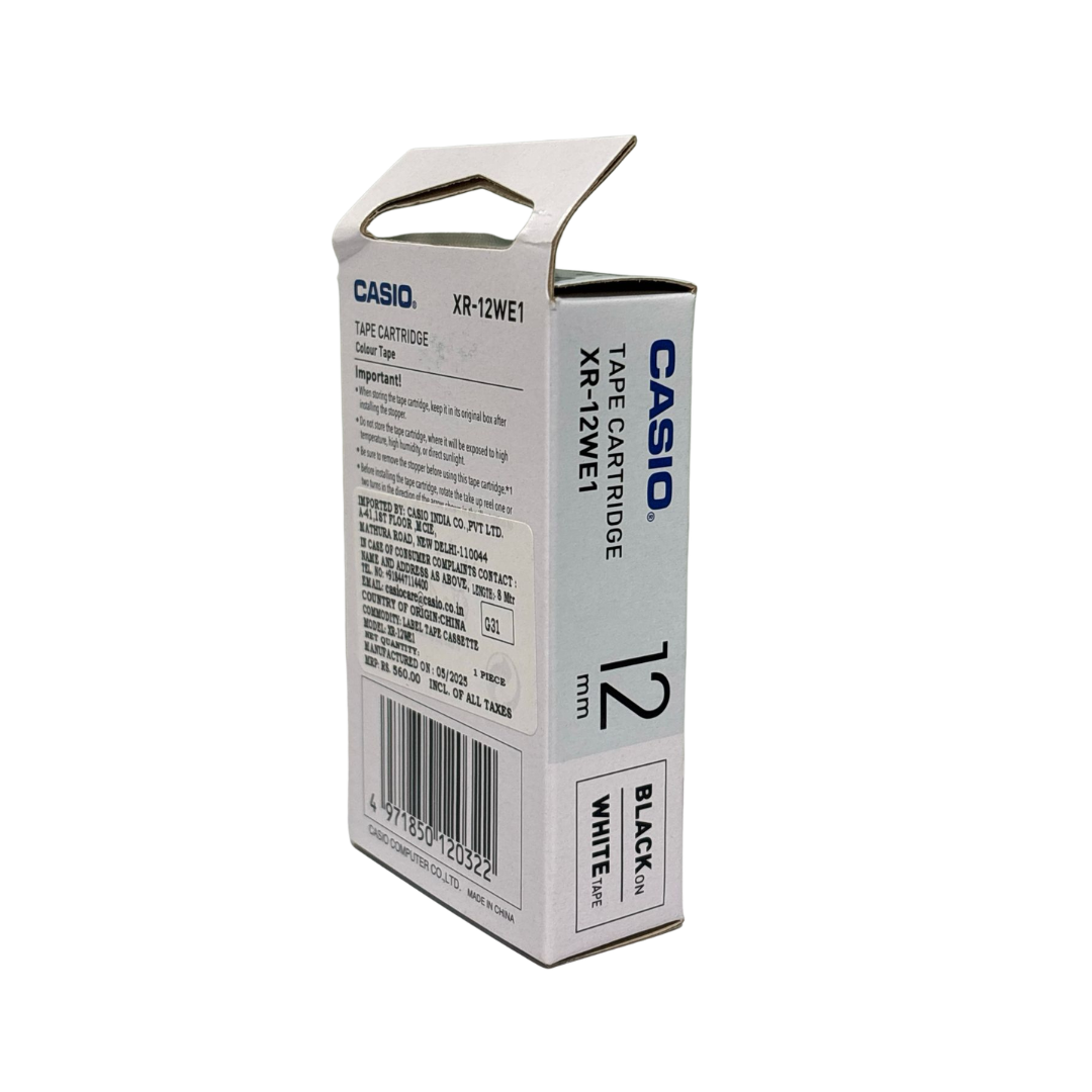 Casio 12mm Black on White Labeling Tape XR-12WE for Casio label printers