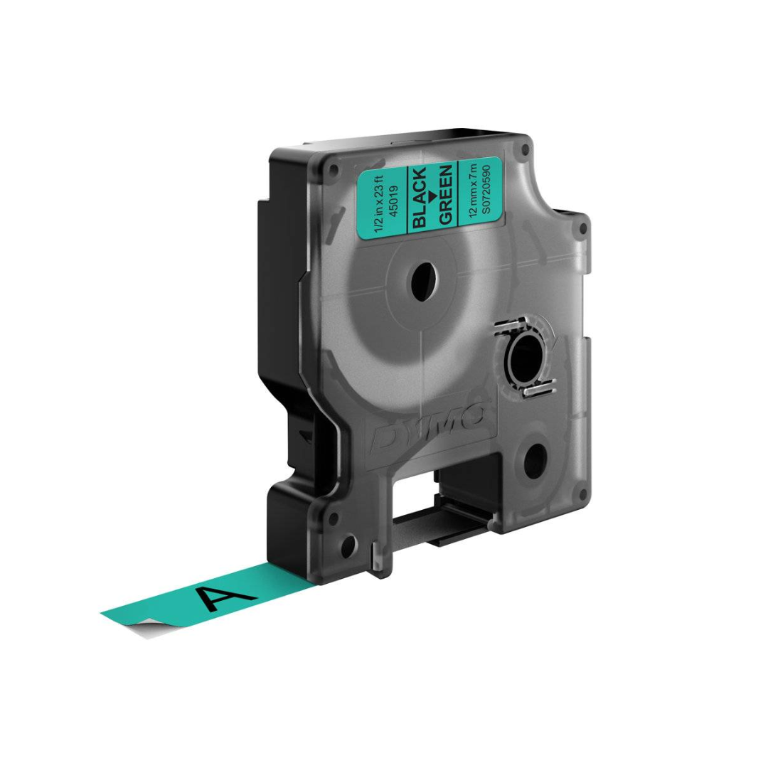 Dymo 45019 D1 Label Tape – 12mm x 7m, Black on Green