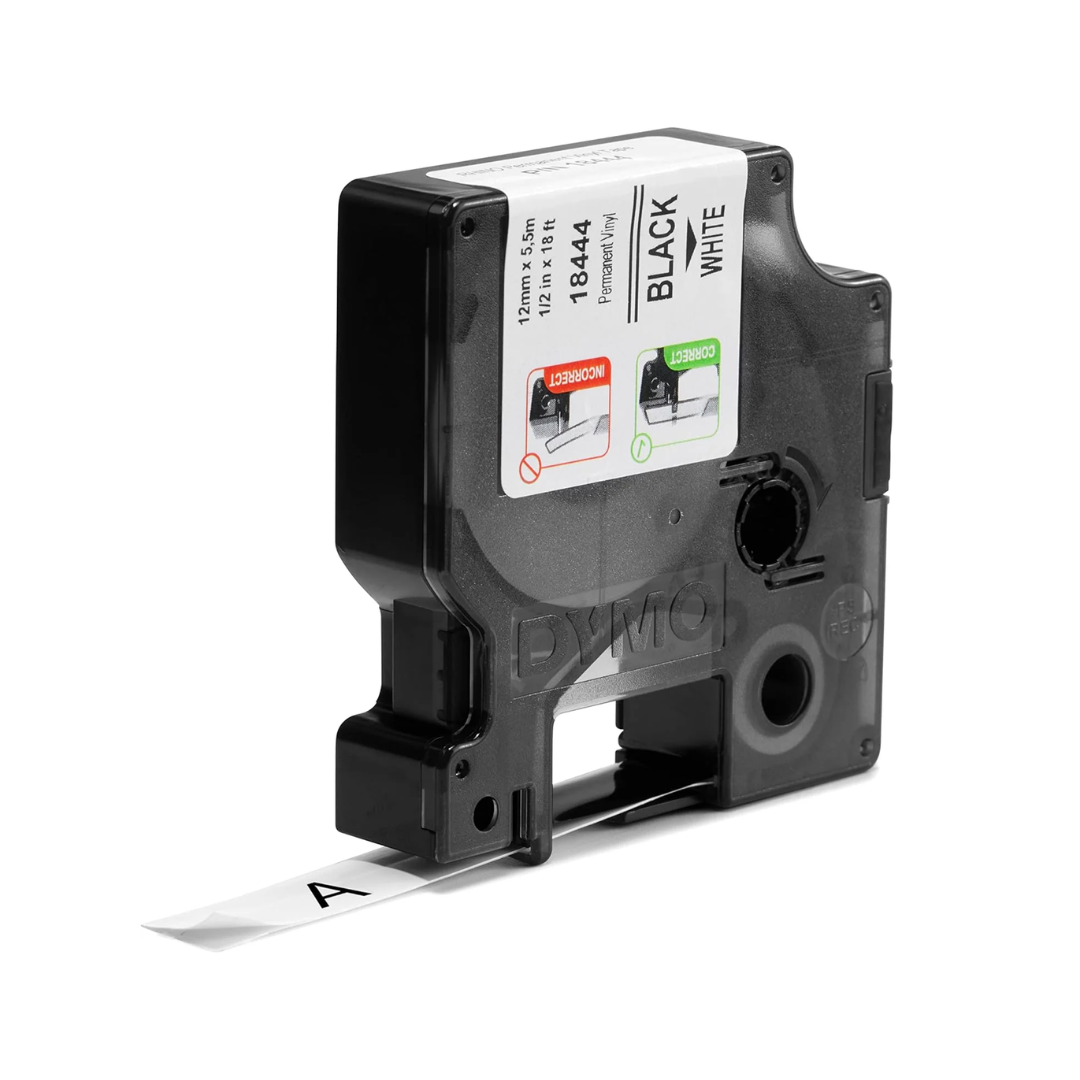 Dymo Rhino 18444 Vinyl Label Tape Black on White 12mm x 5.5m | Durable Label for Dymo LabelManager