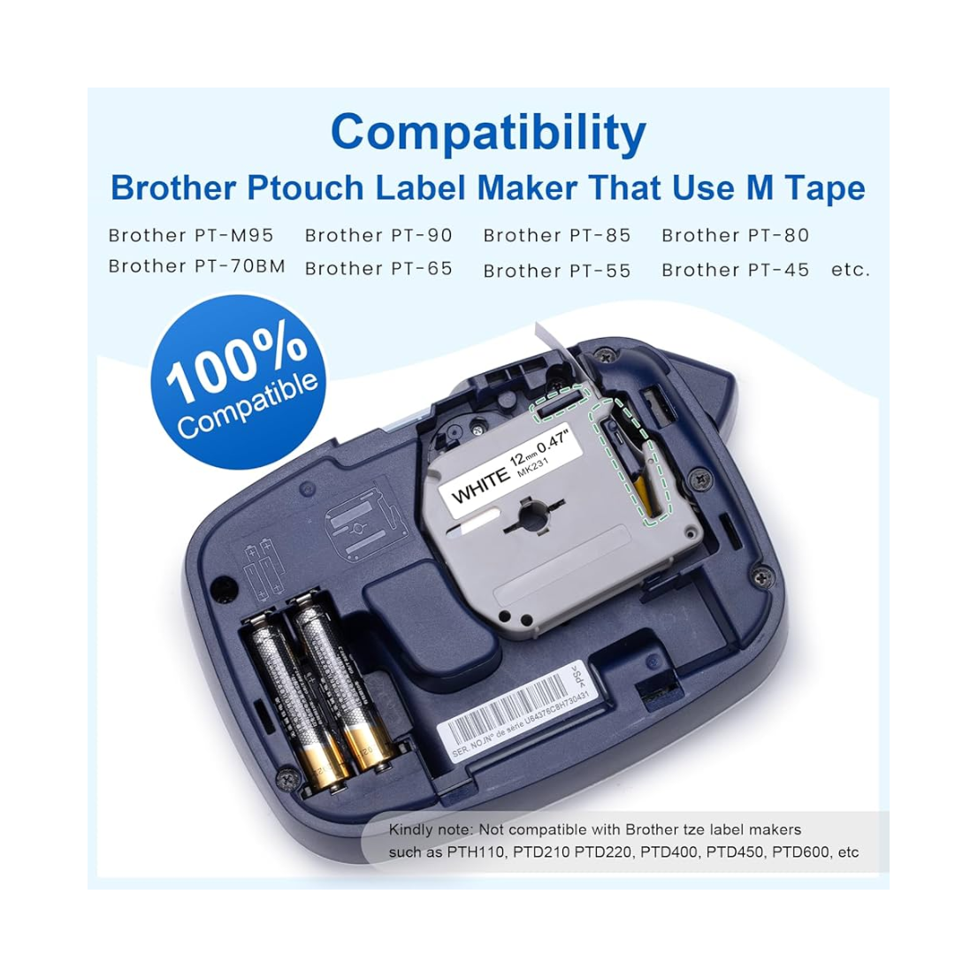 3pcs Compatible 9mm Black on White M Tape Cartridge for P-touch Label Printers