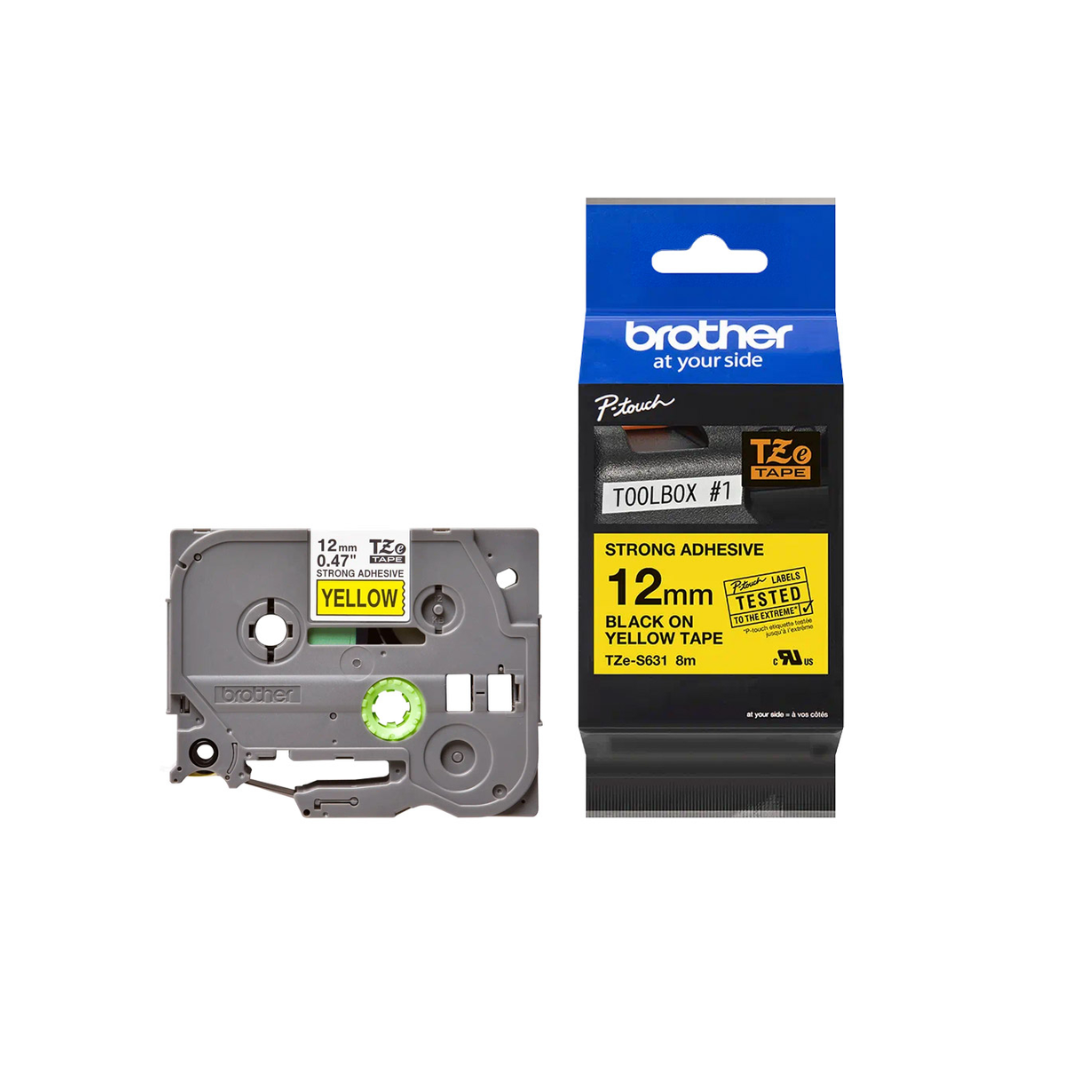 Brother TZe-S631 12mm Black on Yellow Strong TZe tape for P-touch Label Printers