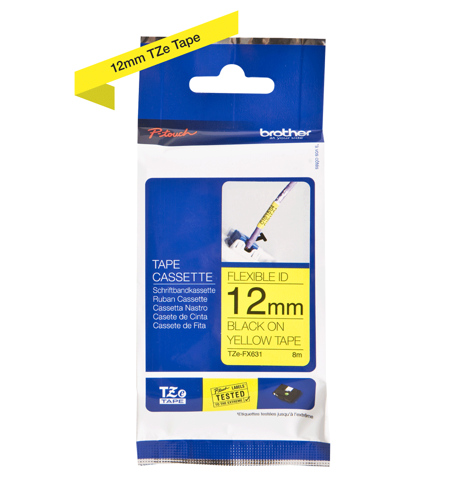 Brother TZe-FX631 12mm Flexible Black on Yellow TZe tape for P-touch Label Printers