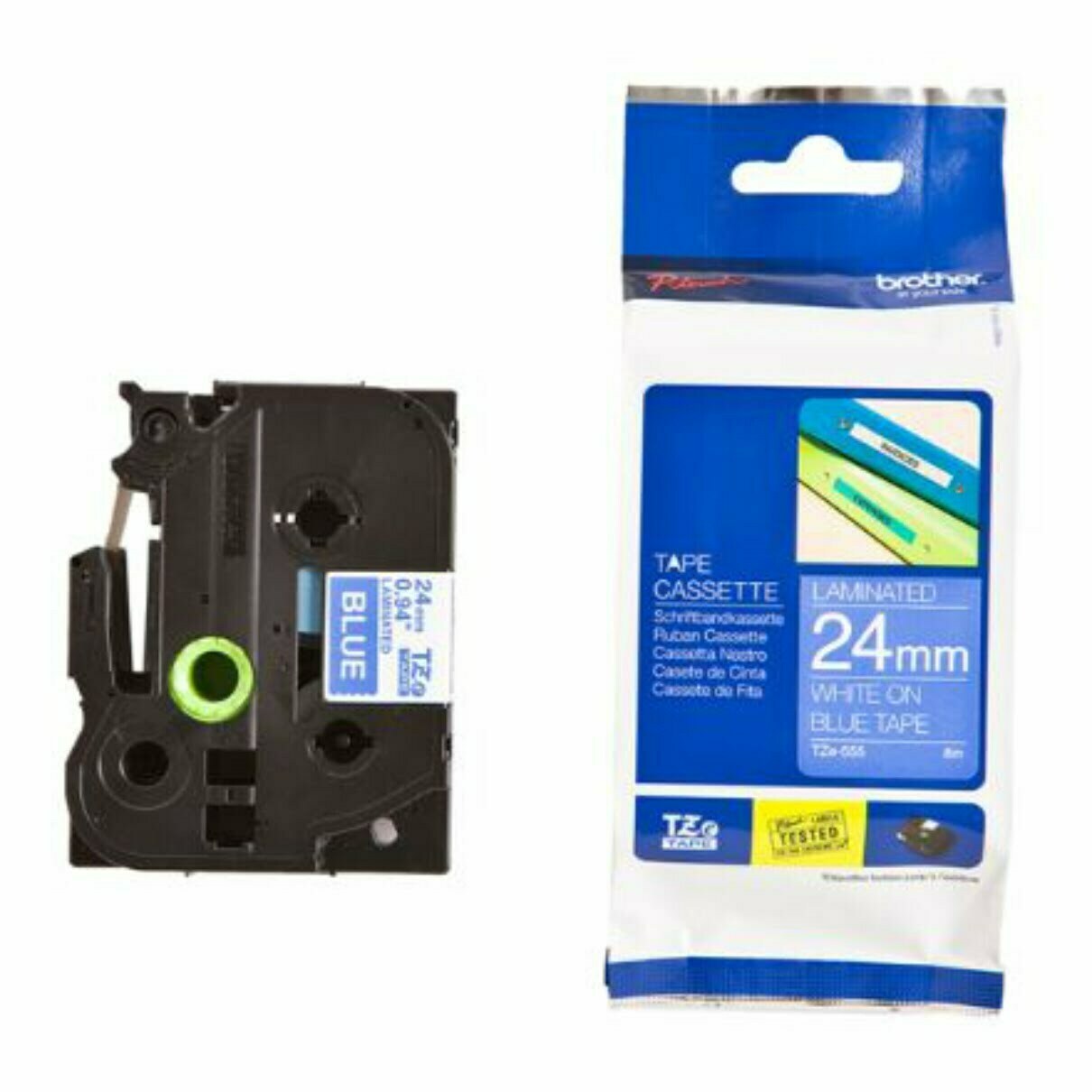 Brother TZe-555 24mm White on BLue TZe tape for P-touch Label Printers