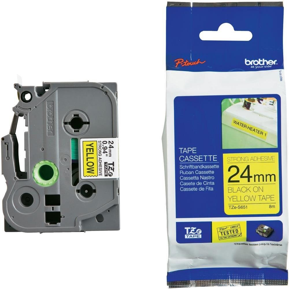 Brother TZe-S651 24mm Black on Yellow Strong TZe tape for P-touch Label Printers