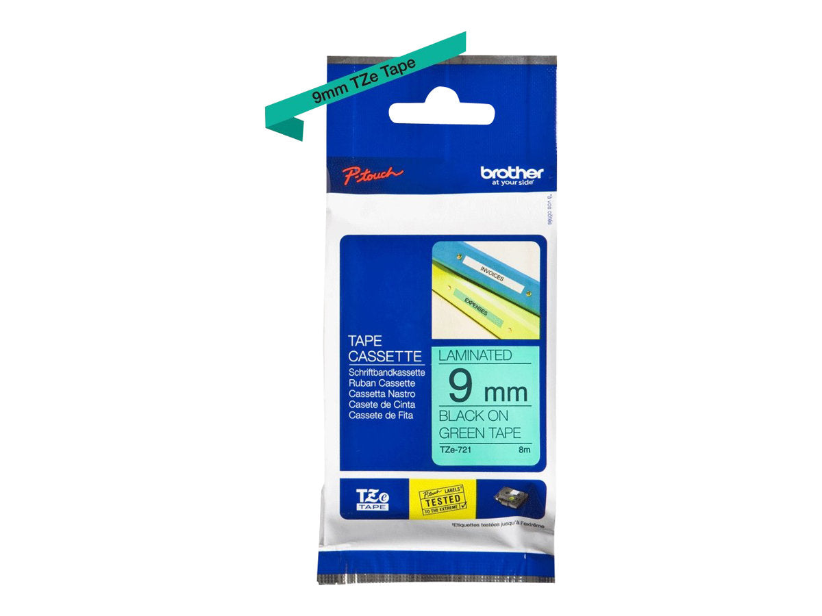 Brother TZe-721 9mm Black on Green TZe tape for P-touch Label Printers
