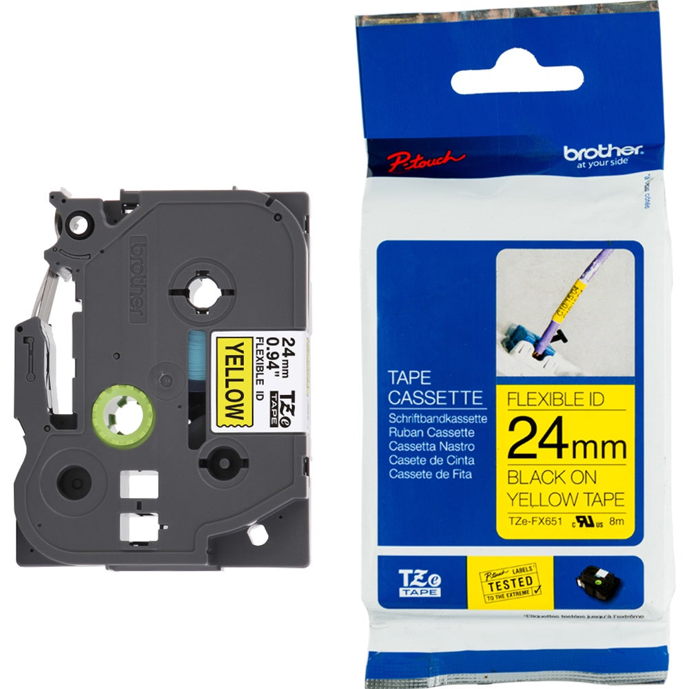Brother TZe-FX651 24mm Flexible Black on Yellow TZe tape for P-touch Label Printers