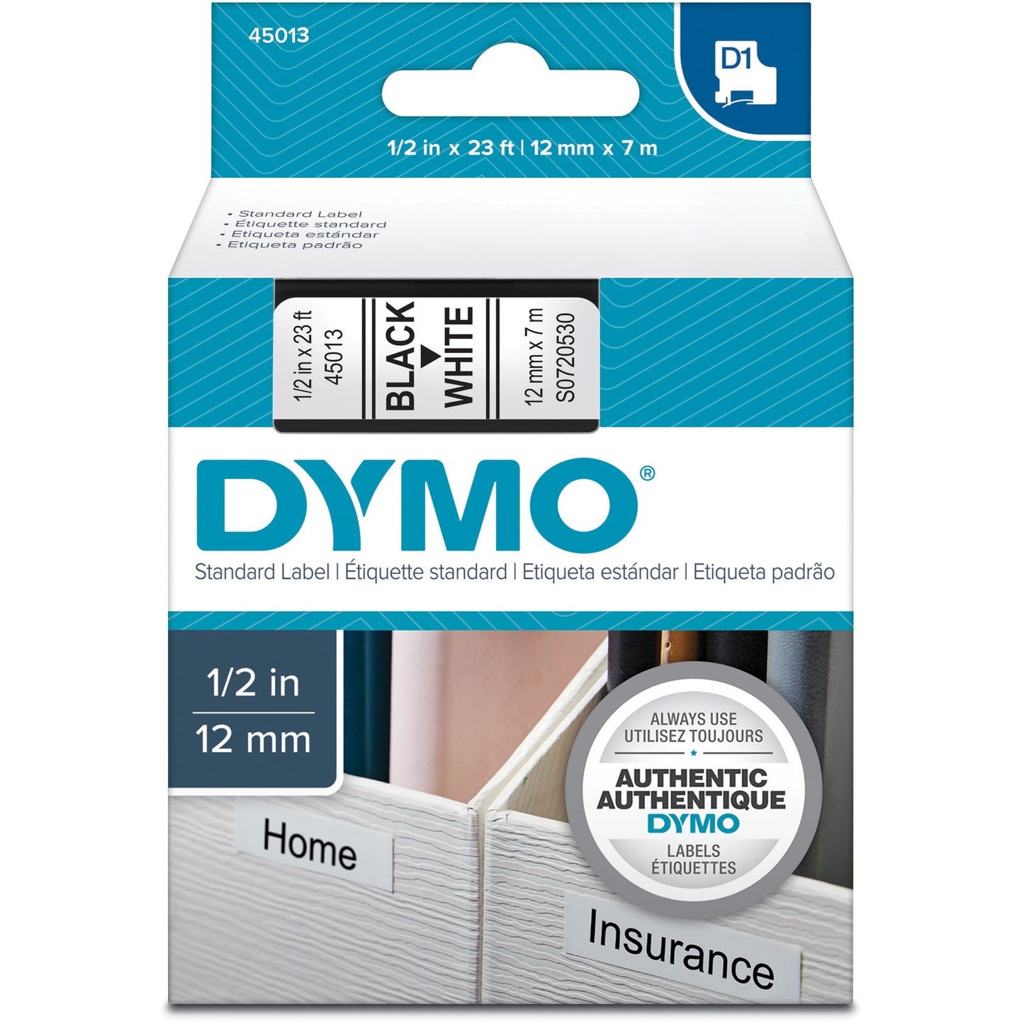 Dymo D1 12mm x 7 meter Black on White Label Tape Cartridge for Dymo Label Printers
