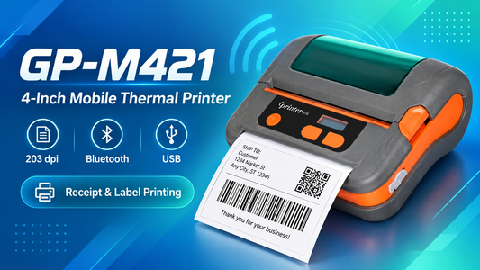 Gainscha GP-M421 4-inch mobile thermal printer with USB and Bluetooth, used for printing invoices, receipts and barcode labels in the UAE