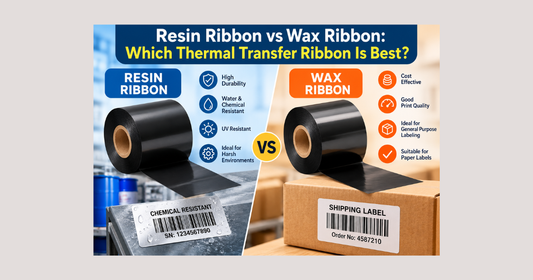 Resin and wax thermal transfer ribbon rolls compared alongside chemical-resistant and shipping barcode labels