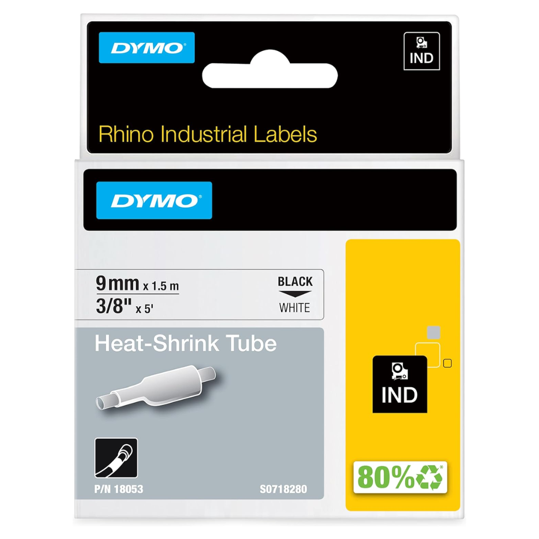 Dymo Rhino 9mm Heat Shrink Tube Black on White 18053 - 3/8in x 5ft