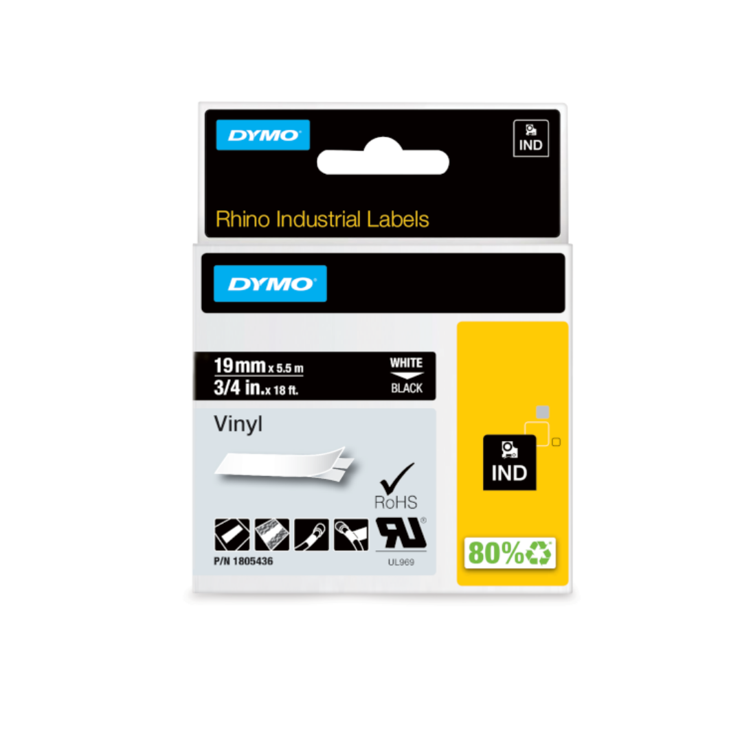 DYMO RHINO 1805436 Industrial Vinyl Label Tape 19mm White on Black – 5.5m Cartridge, in Dubai