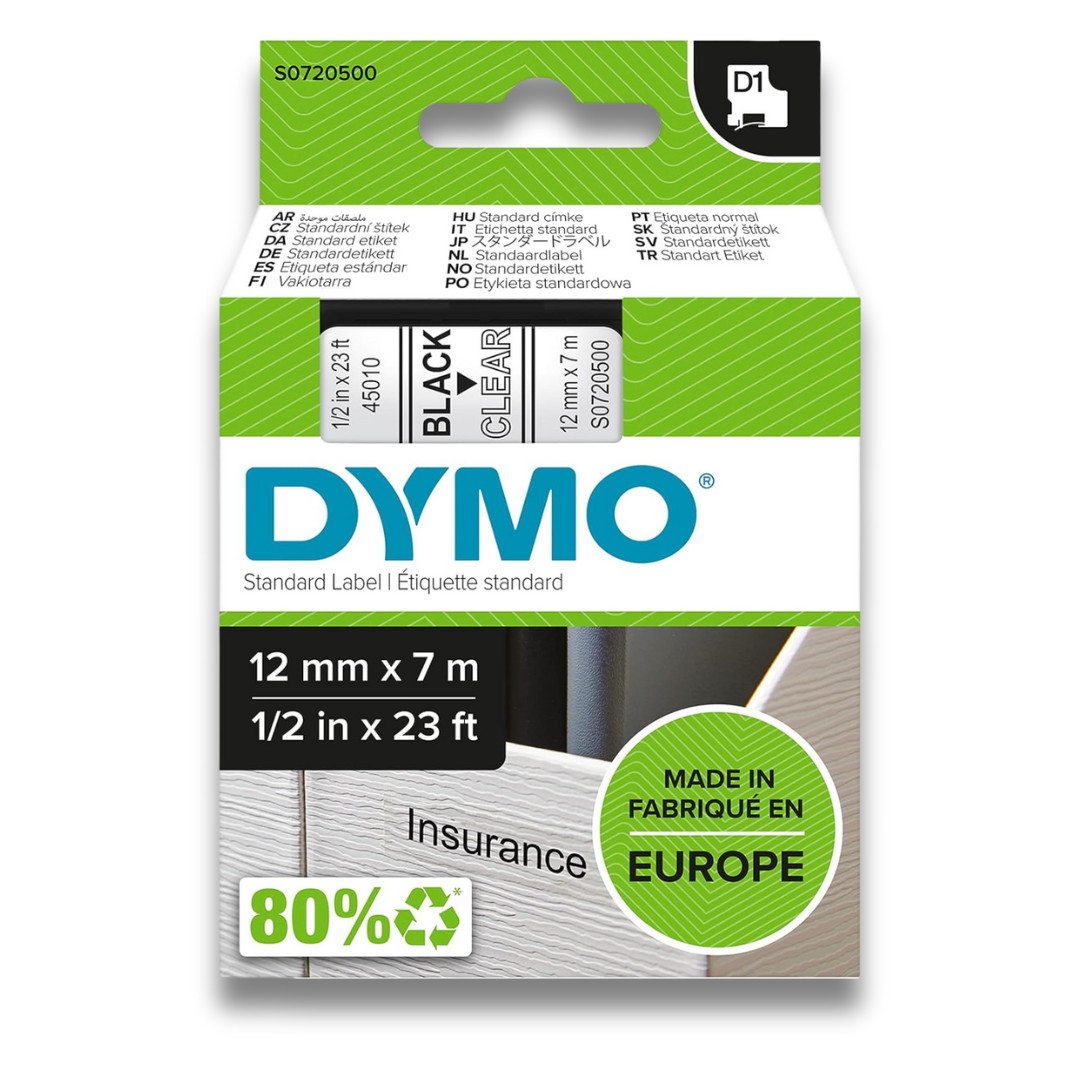 Dymo 12mm x 7 meter Black on Clear Tape Cartridge for Dymo  Label Printers 45010