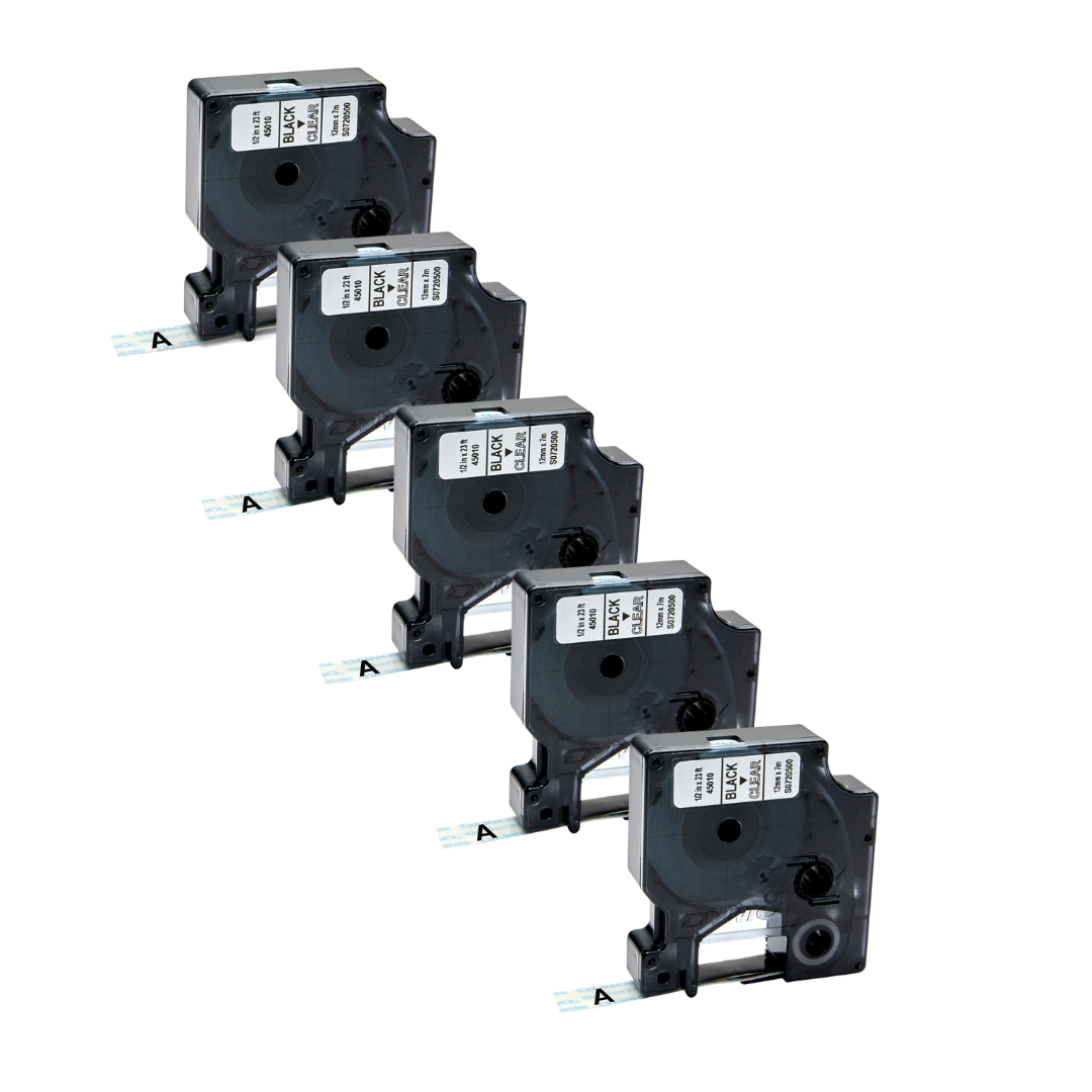 Dymo  5pack 45010 12mm x 7 meter Black on Clear Tape Cartridge for Dymo  Label Printers