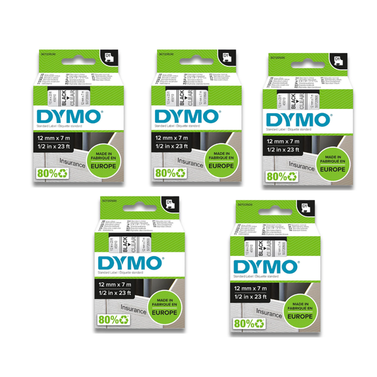 Dymo  5pack 45010 12mm x 7 meter Black on Clear Tape Cartridge for Dymo  Label Printers