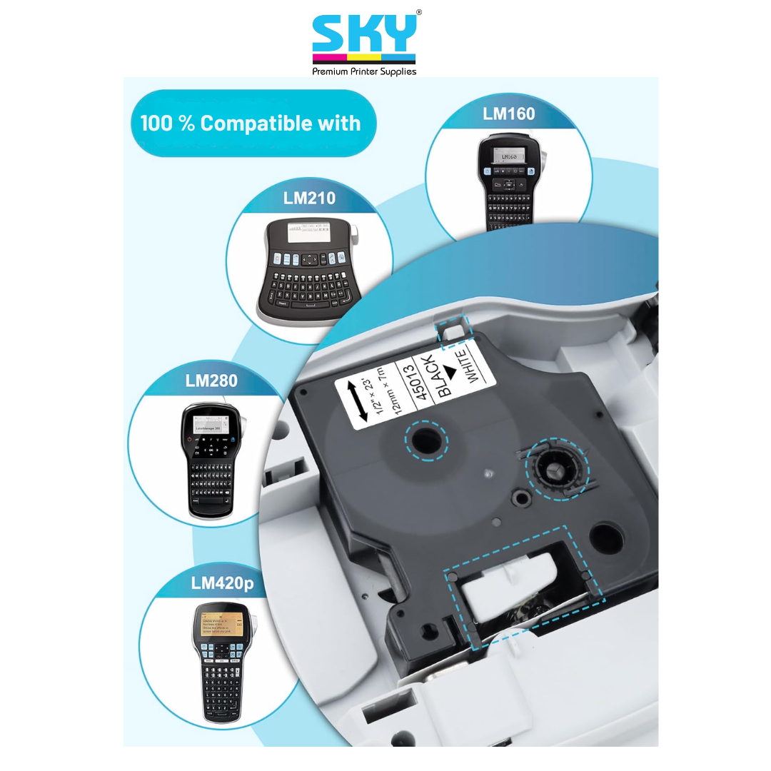 SKY Compatible DYMO 12mm Label Tape Black on White – for LabelManager