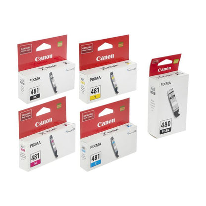 A set of Canon ink cartridges including the Canon 480 and 481 cartridges in various colors, packaged in red and white boxes.