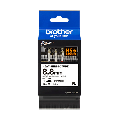 Brother 8.8MM HSe-221 Heat Shrink Tube Tape Cassette - Black on White
