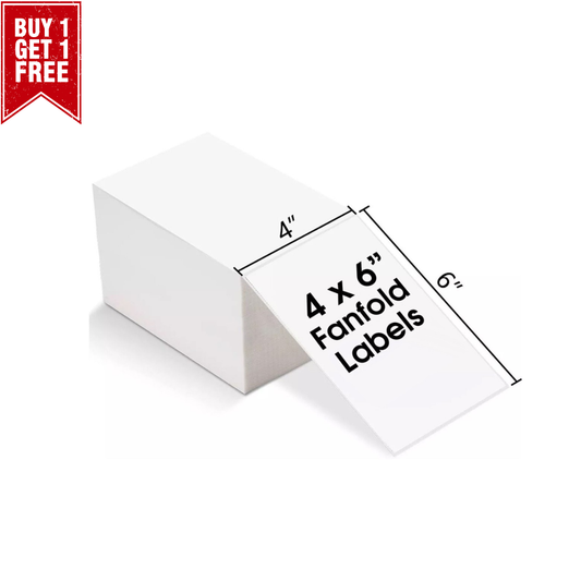 4 x 6" fanfold labels with a 'Buy 1 Get 1 Free' offer on a white background