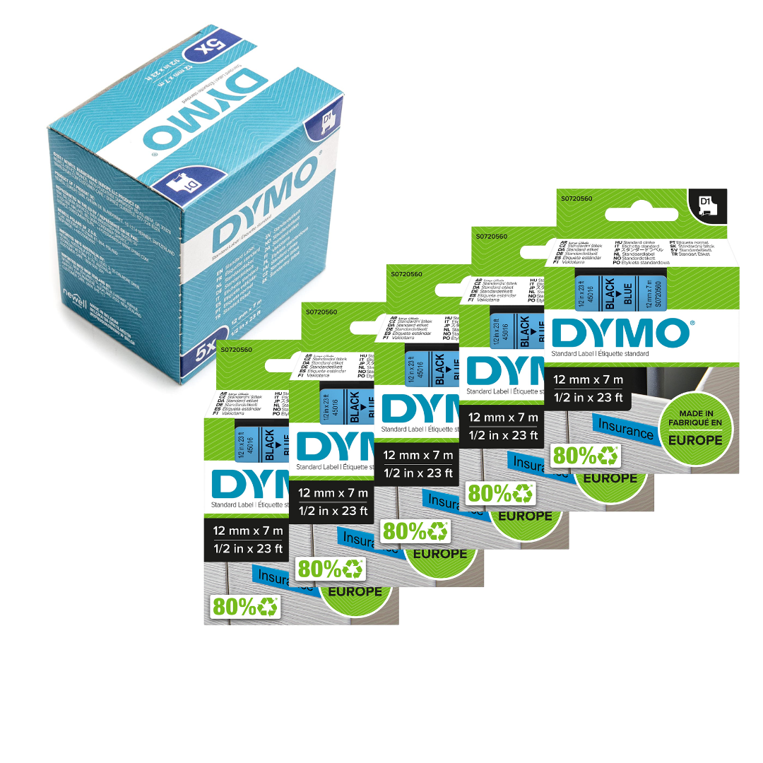 Pack of 5 Dymo 45016 D1 Label Tape – 12mm x 7m, Black on Blue 