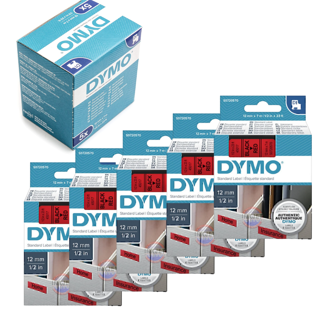 Pack of 5 Dymo 45017 D1 Label Tape – 12mm x 7m, Black on Red | For Dym ...
