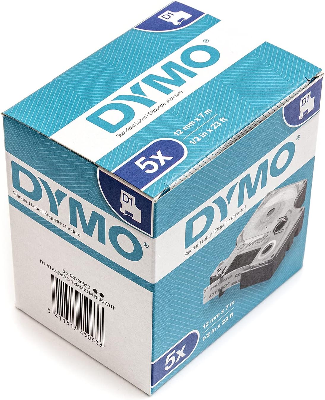 Dymo Pack of 5 - 12mm x 7 Meter Black on White Self Adhesive Labels for Dymo Label Manager