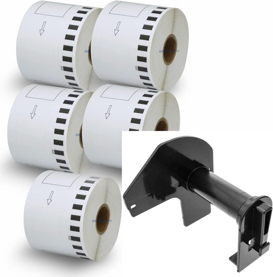 5 pc DK-22205 Self Adhesive Brother Compatible Label Tape- 62mm x 30 Meter for QL series Label Printers with 1 pc Reusable PVC Holder