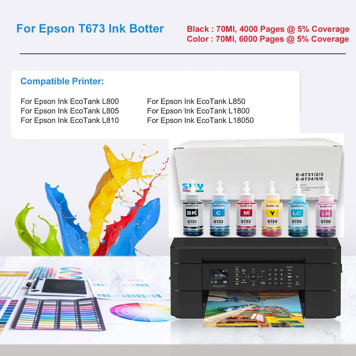 6-Color set 673 Compatible refill ink for Epson L801, L805, L1800, L800, L810, L850, L1300, L18050