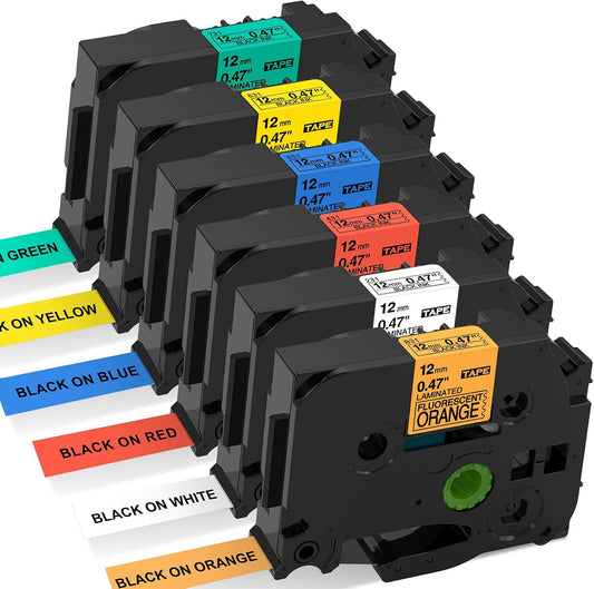 6-Color Compatible Label Tape Replacement for Brother P Touch TZe Label Tape 12mm 0.47 Inch Laminated for PTouch PT D210 H110 D400 Label Makers