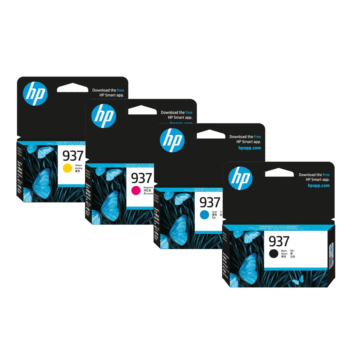 Set of HP 937 ink cartridges on a white background